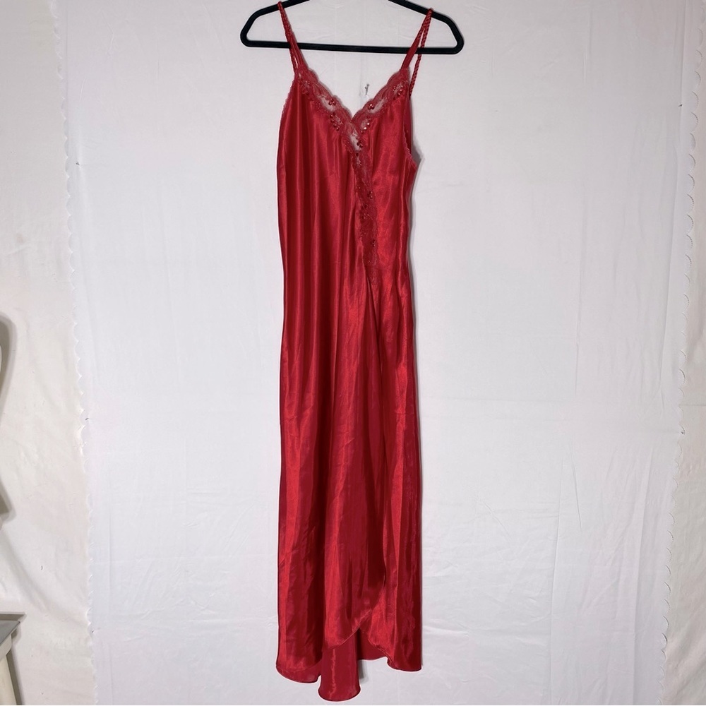 Vintage Crinolines And Lace Red Satin Maxi Length Slip Sleep Dress M